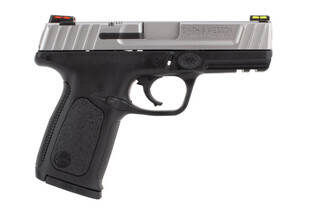 Smith and Wesson SD9VE 9mm pistol features a stainless steel slide